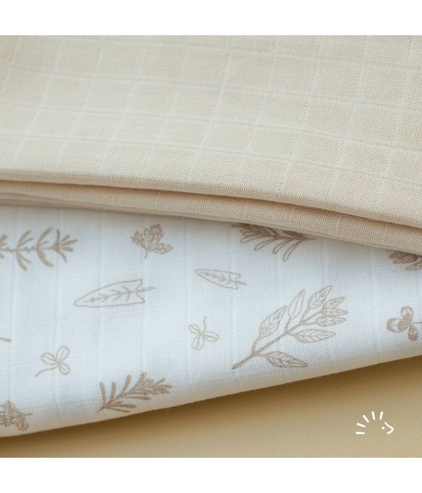 Mussoline in cotone bio 120x120cm -2pezzi fantasia foglie beige